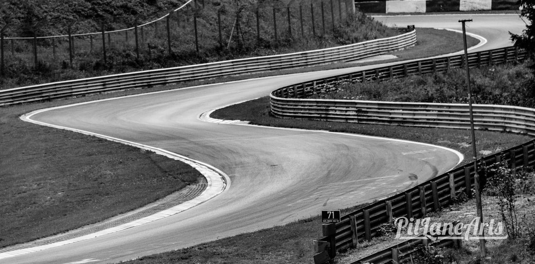 Black and white photo of the nurburgring race track