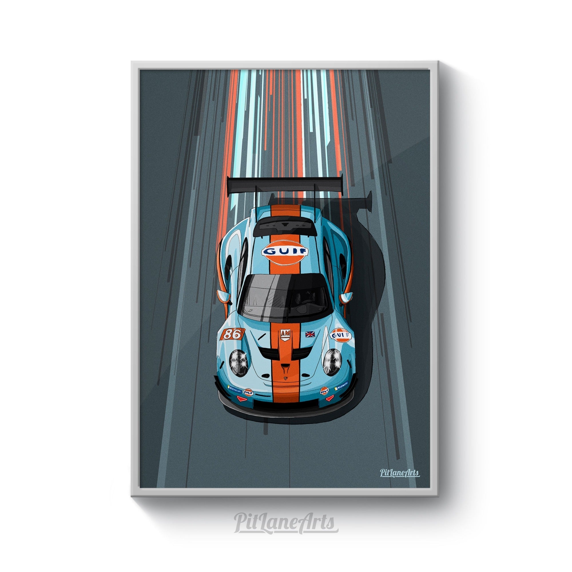 Porsche 911 RSR race car art print on white background