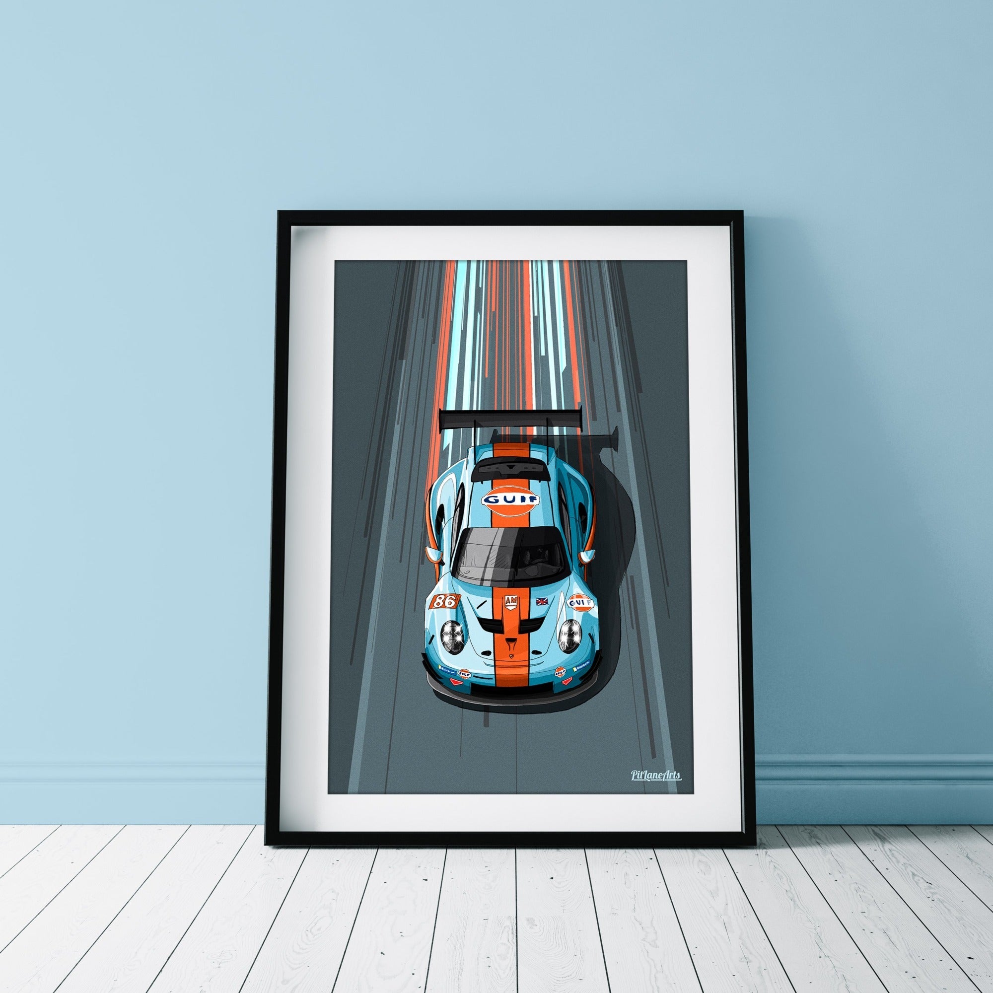 Porsche 911 RSR art print displayed in a home interior