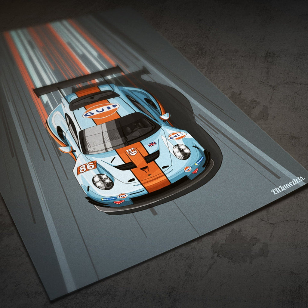 Porsche 911 RSR art print styled on the floor. Frameless
