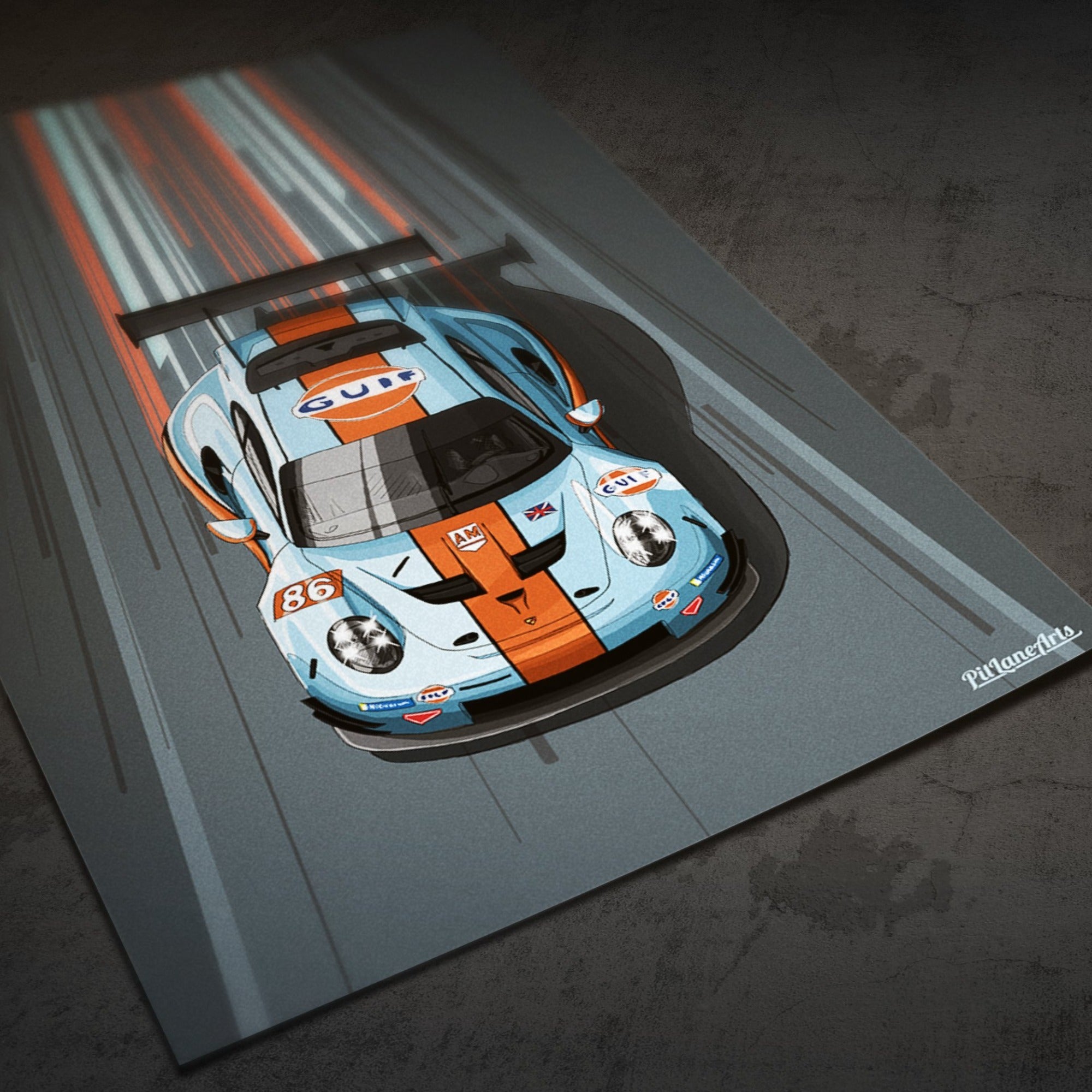 Porsche 911 RSR art print styled on the floor. Frameless