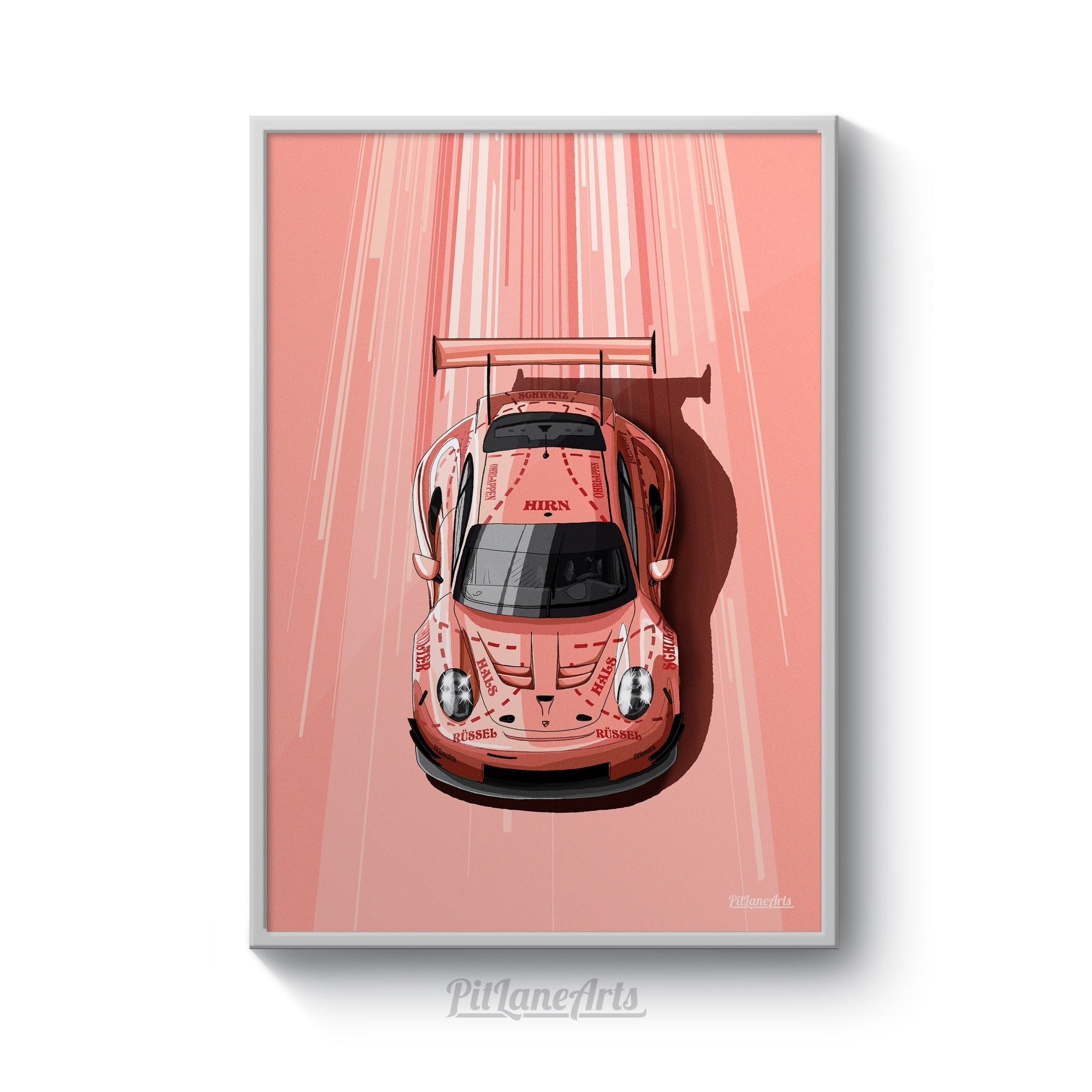 Porsche 911 RSR Pink Pig art print on white background