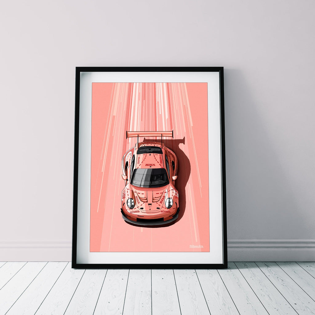 Porsche 911 RSR Pink Pig art print styled in a living room setting