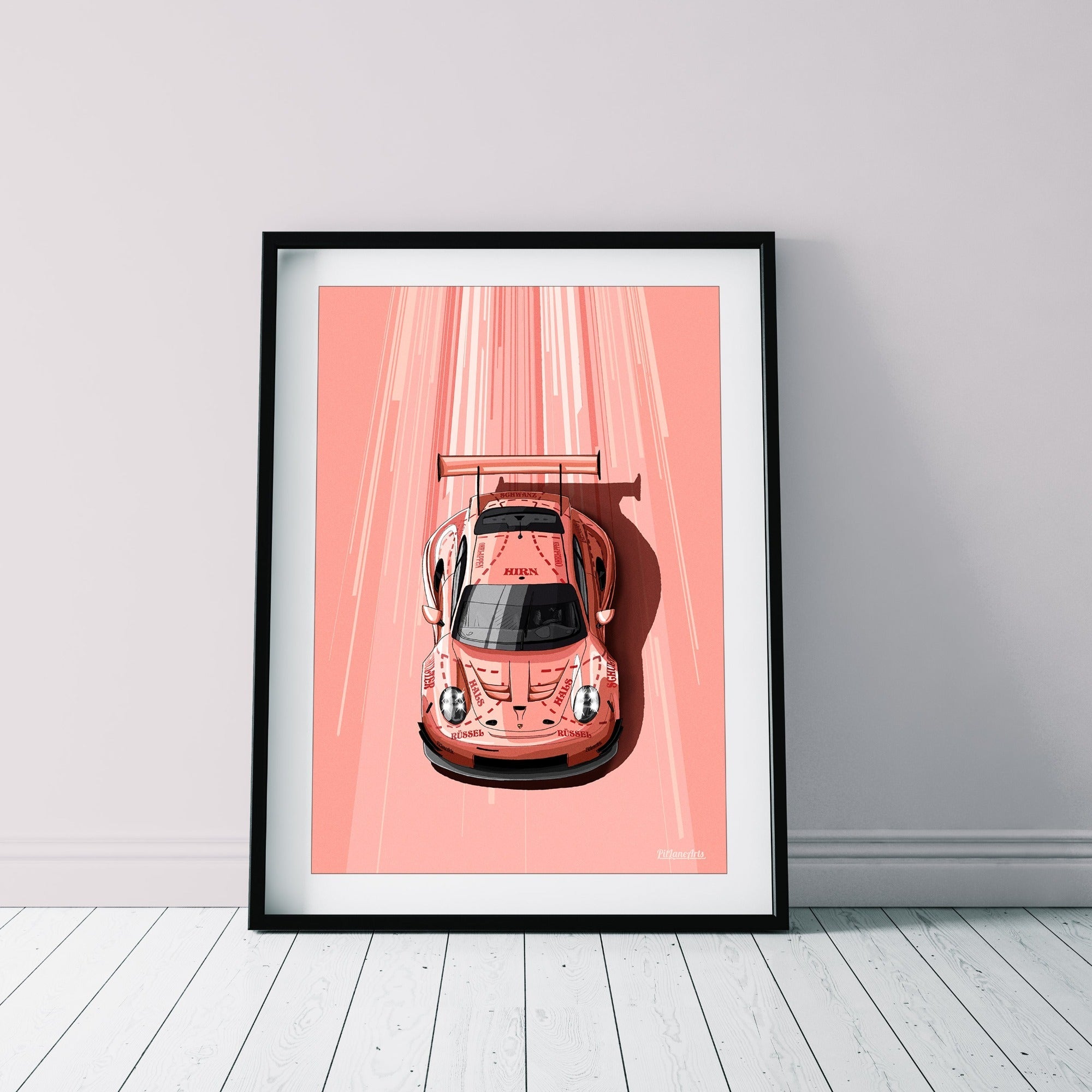 Porsche 911 RSR Pink Pig art print styled in a living room setting