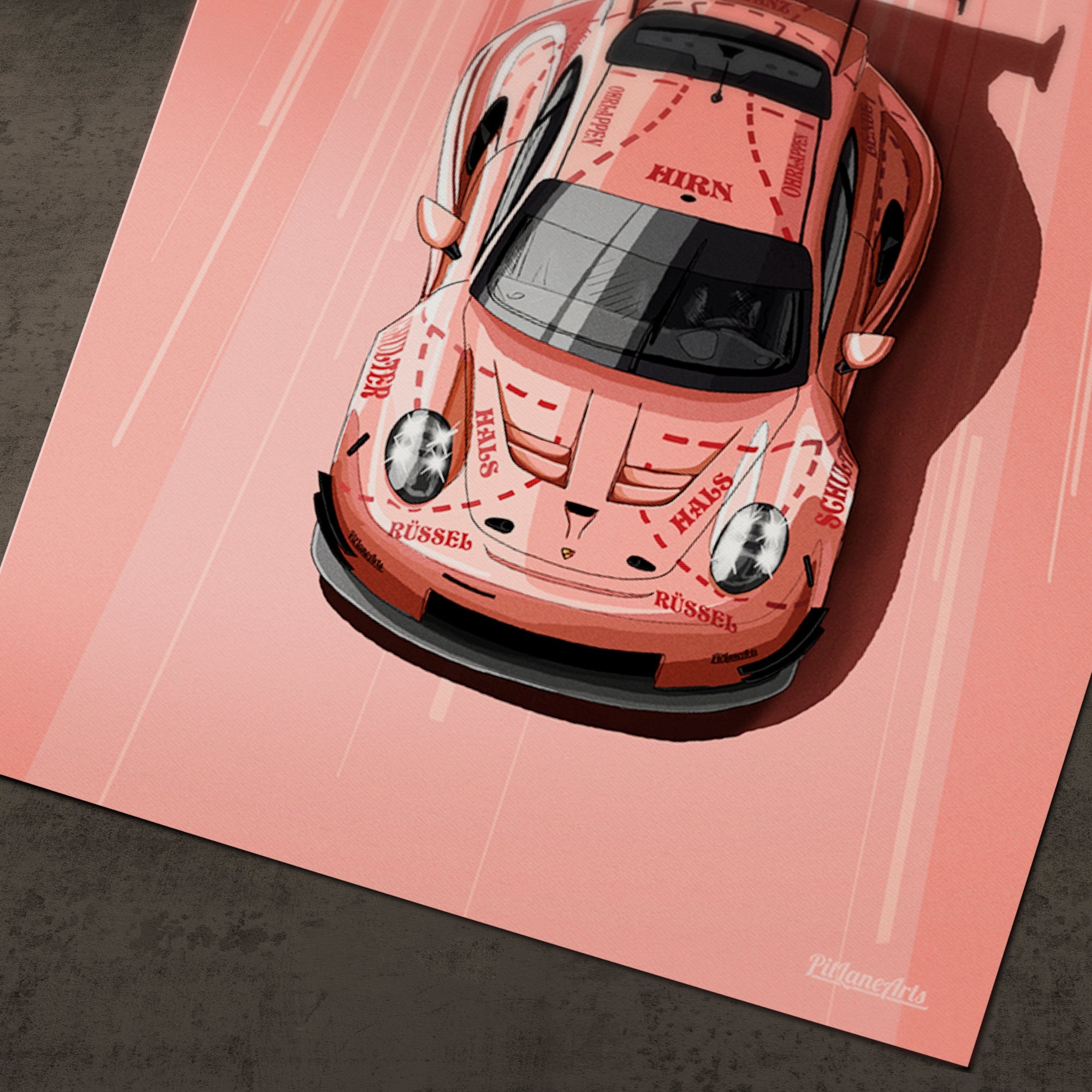 Porsche 911 RSR Pink Pig art print shown on a wall at home