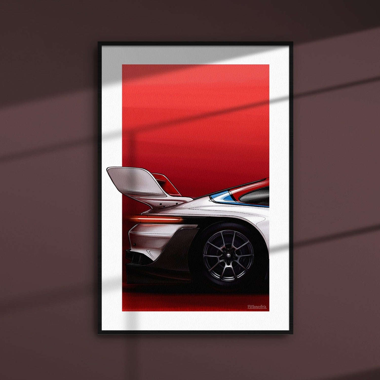 Porsche 911 GT3 R Rennsport art print displayed in a home interior