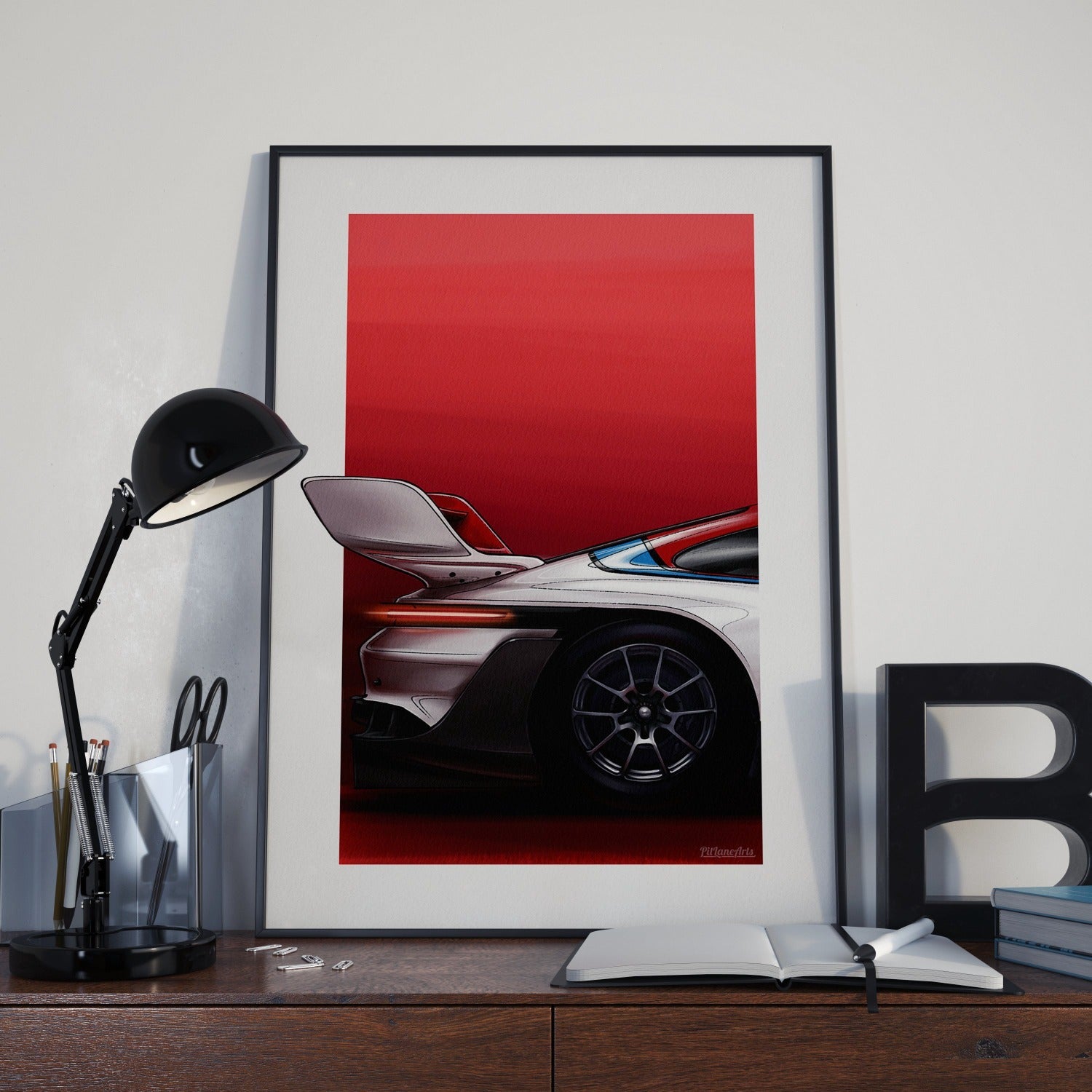 Porsche 911 GT3 R Rennsport art print styled in a living room setting