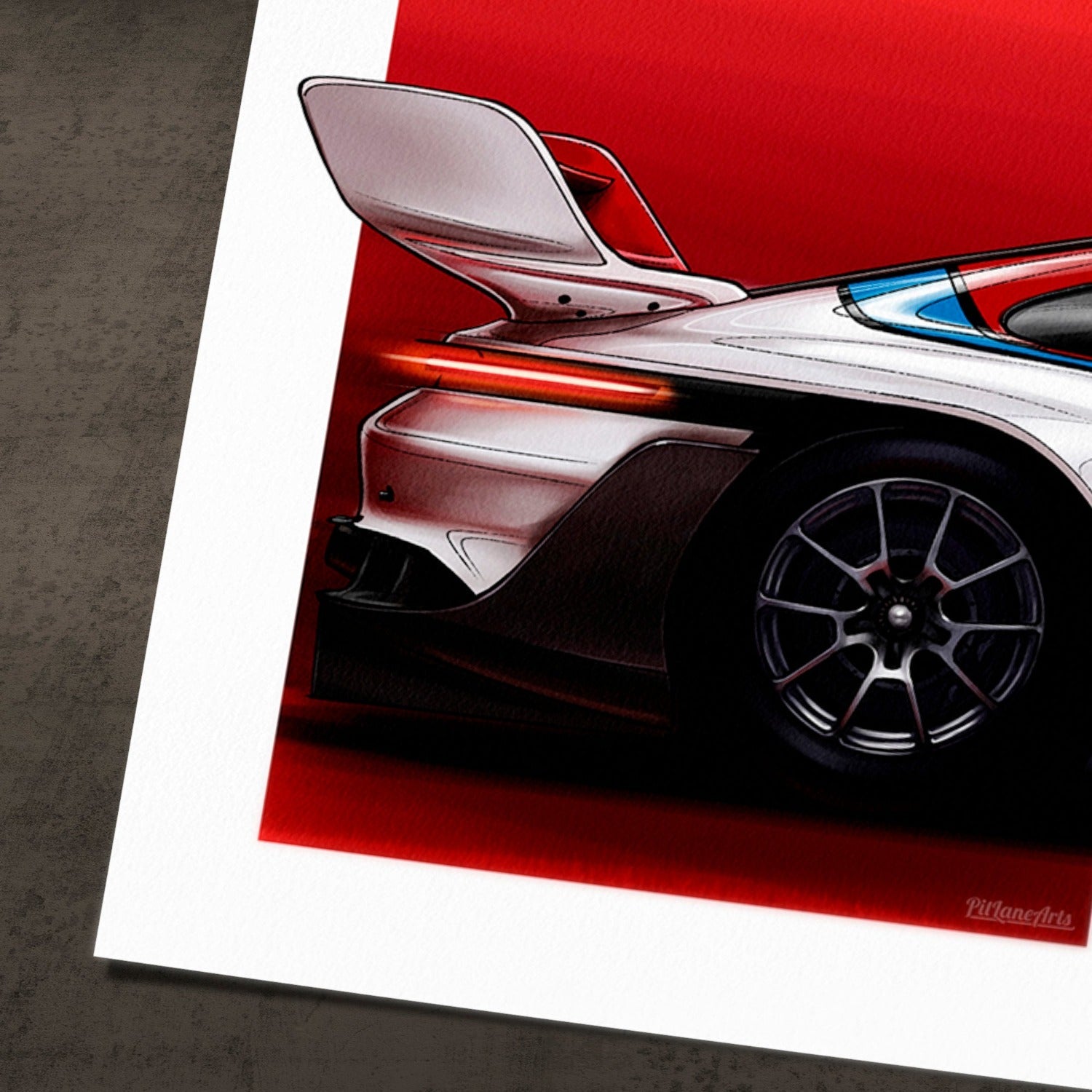 Porsche 911 GT3 R Rennsport art print displayed as wall decor indoors