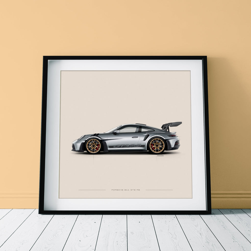 Porsche 911 GT3 RS art print displayed in a home interior