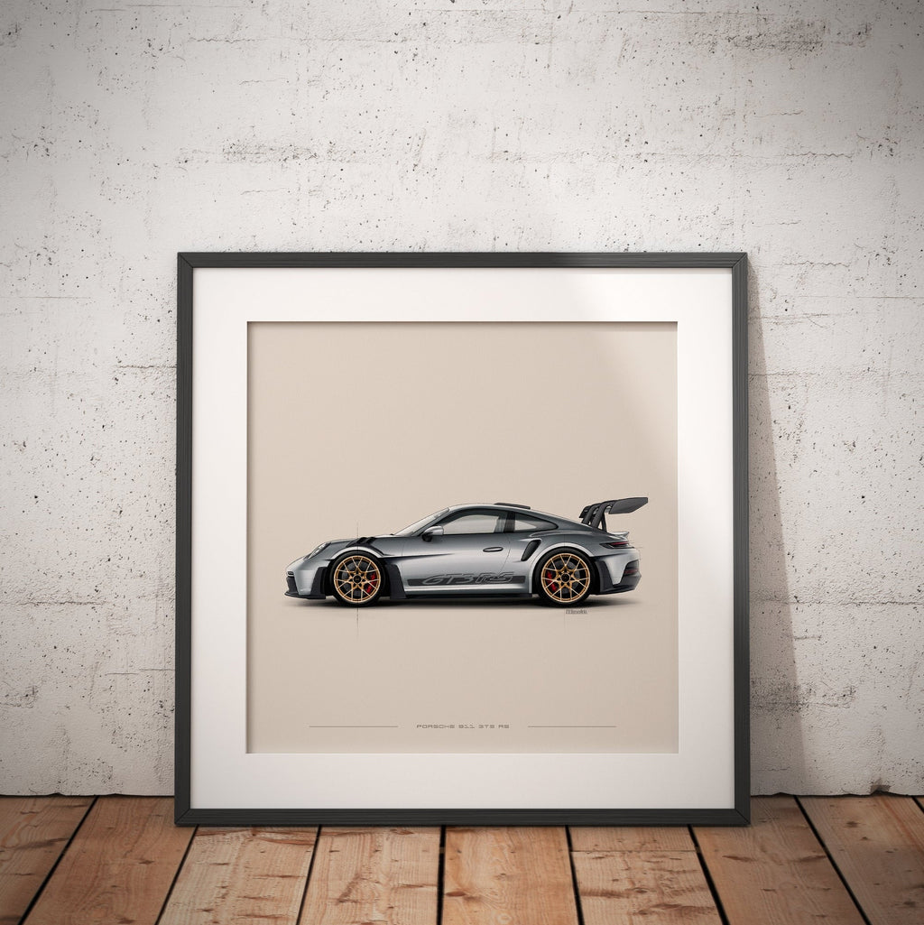 Porsche 911 GT3 RS art print shown on a wall at home