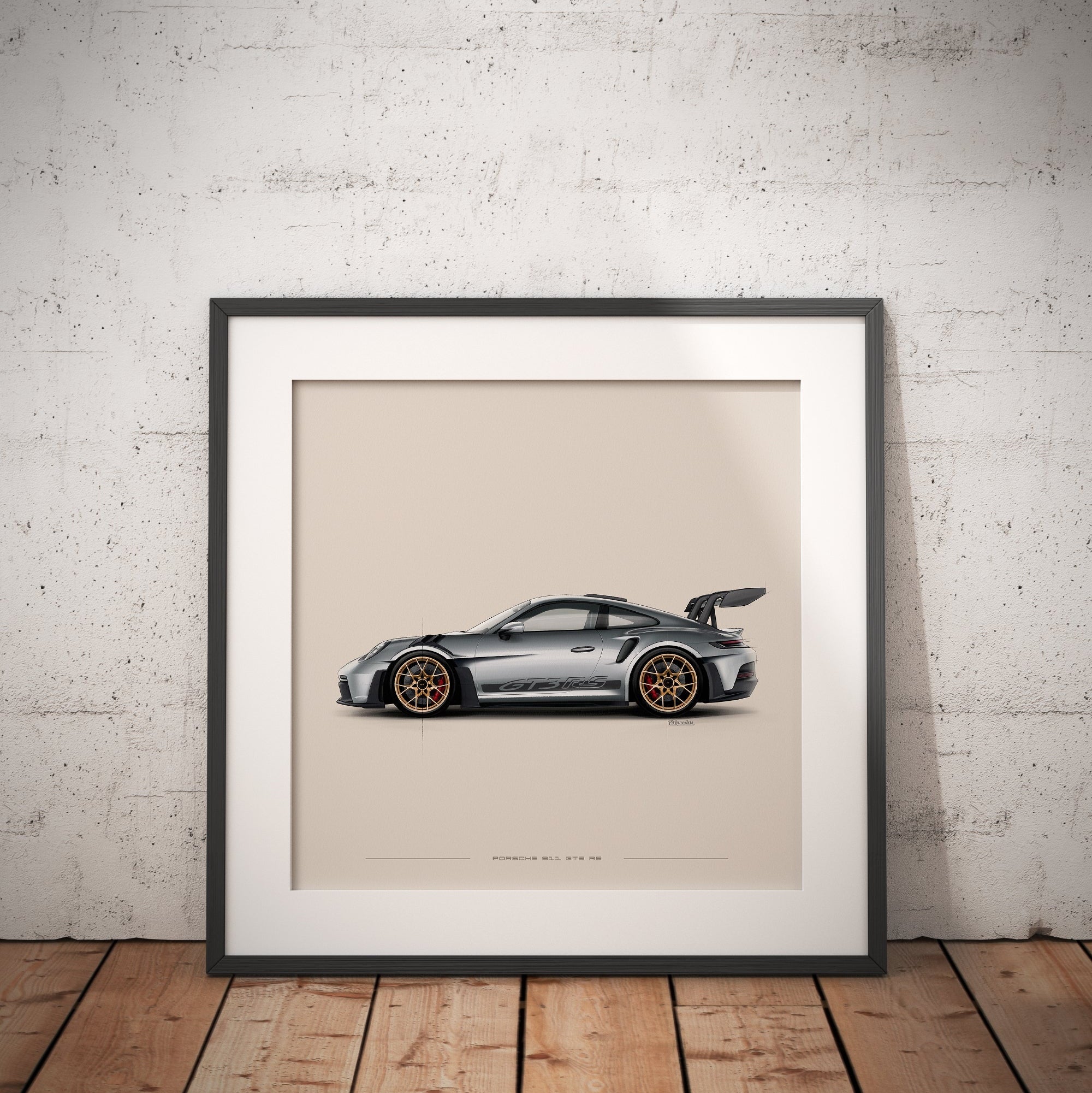 Porsche 911 GT3 RS art print shown on a wall at home