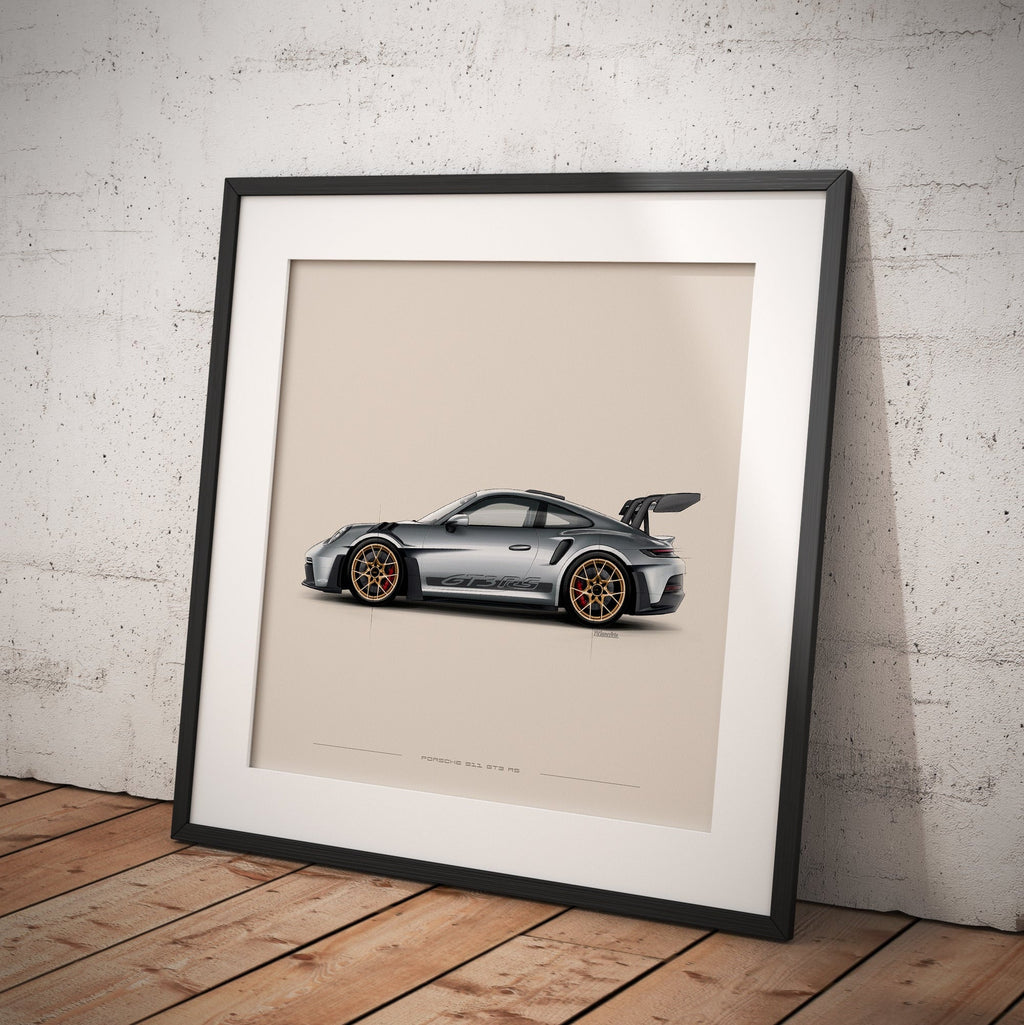 Porsche 911 GT3 RS art print displayed as wall decor indoors