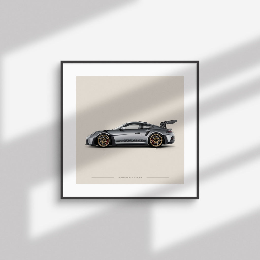 Porsche 911 GT3 RS art print framed and hung on a wall