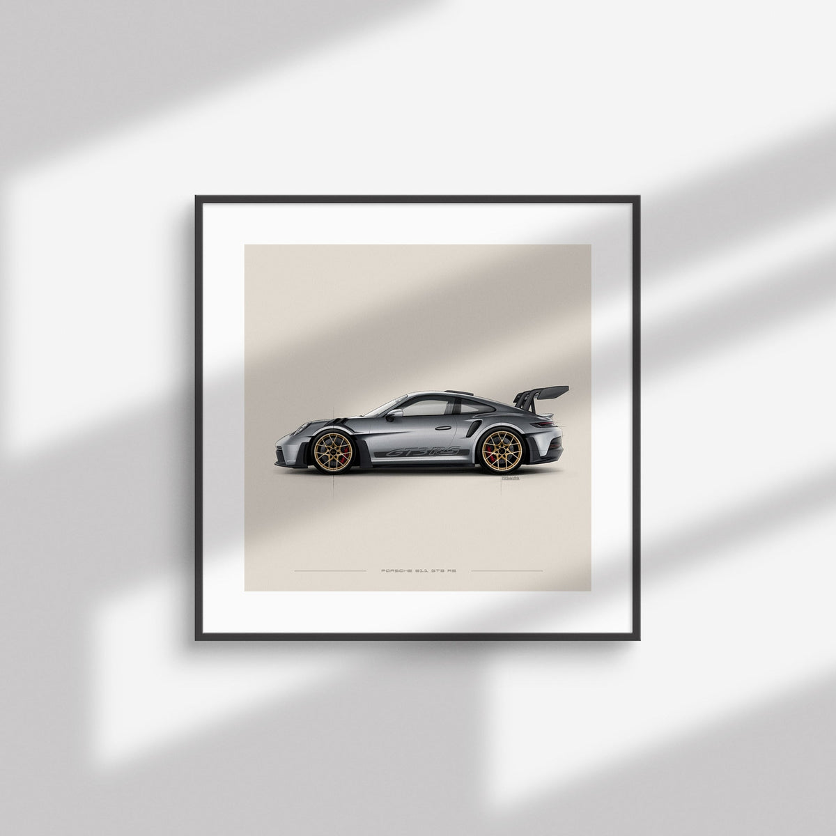 Porsche 911 GT3 RS art print framed and hung on a wall