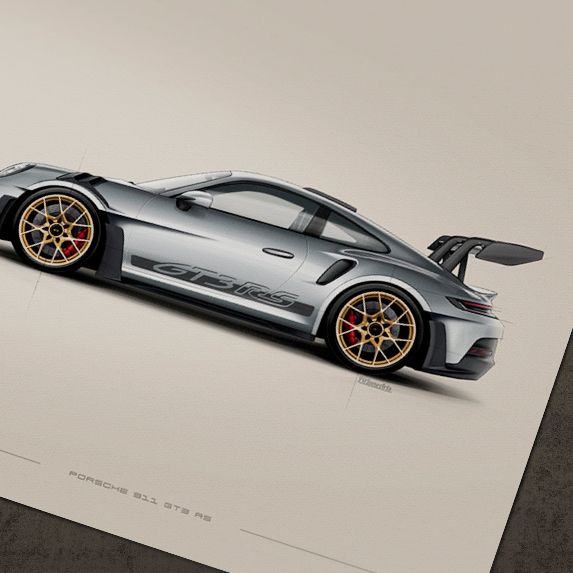 Porsche 911 GT3 RS art print shown in a home decor setting