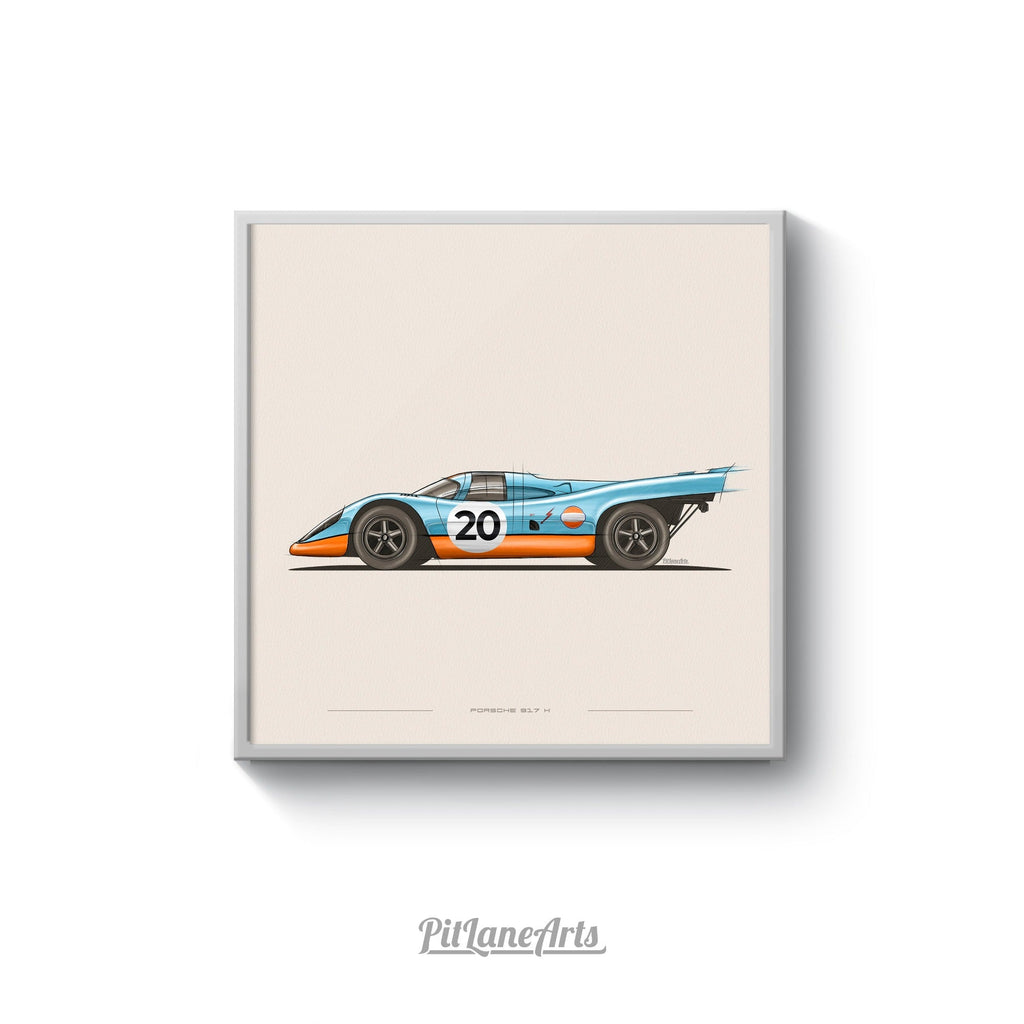 Porsche 917K Gulf art print on white background