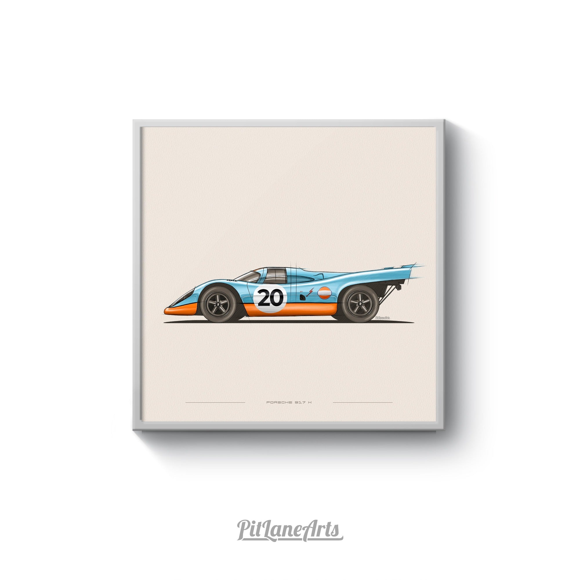 Porsche 917K Gulf art print on white background