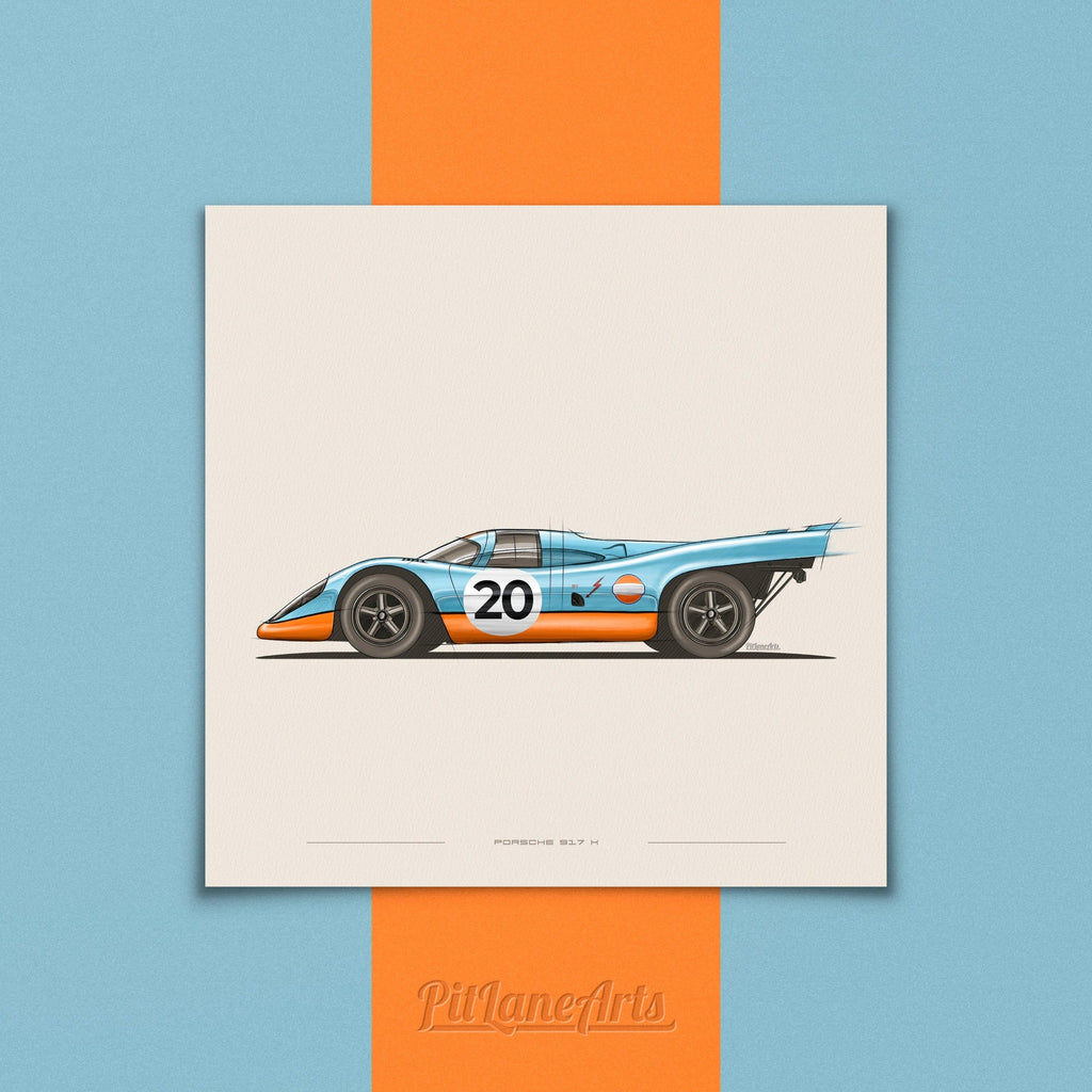 Porsche 917K Gulf art print displayed in a home interior