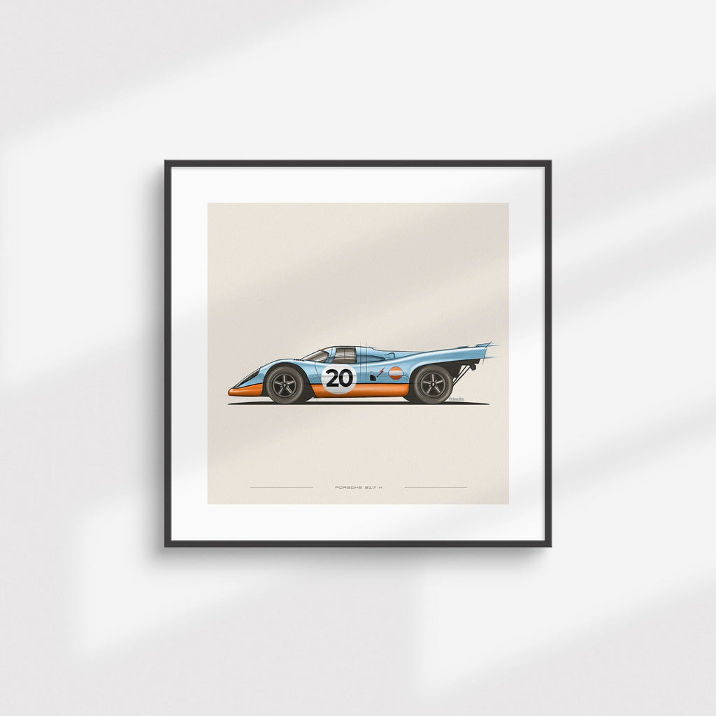 Porsche 917K Gulf art print styled in a living room setting