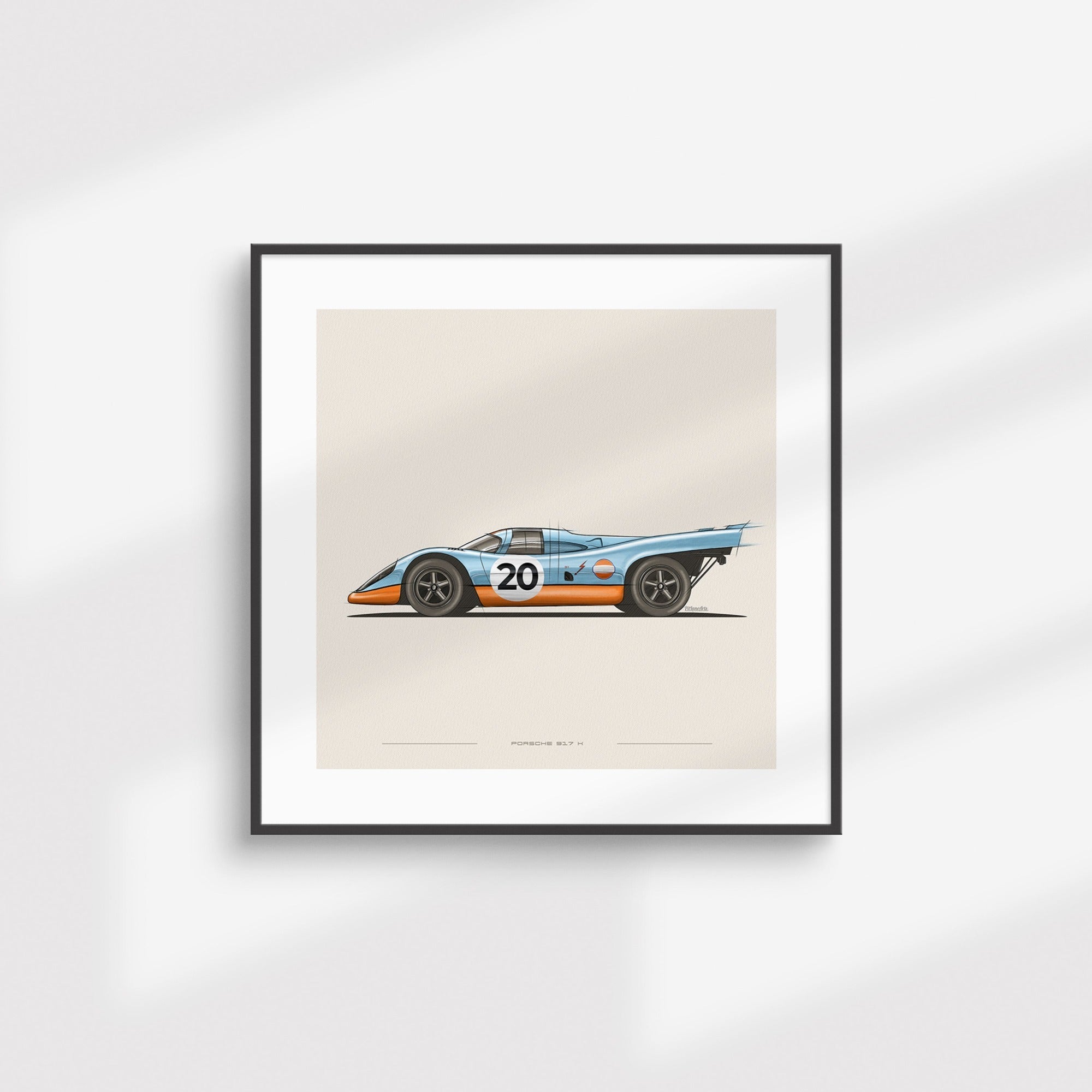 Porsche 917K Gulf art print styled in a living room setting