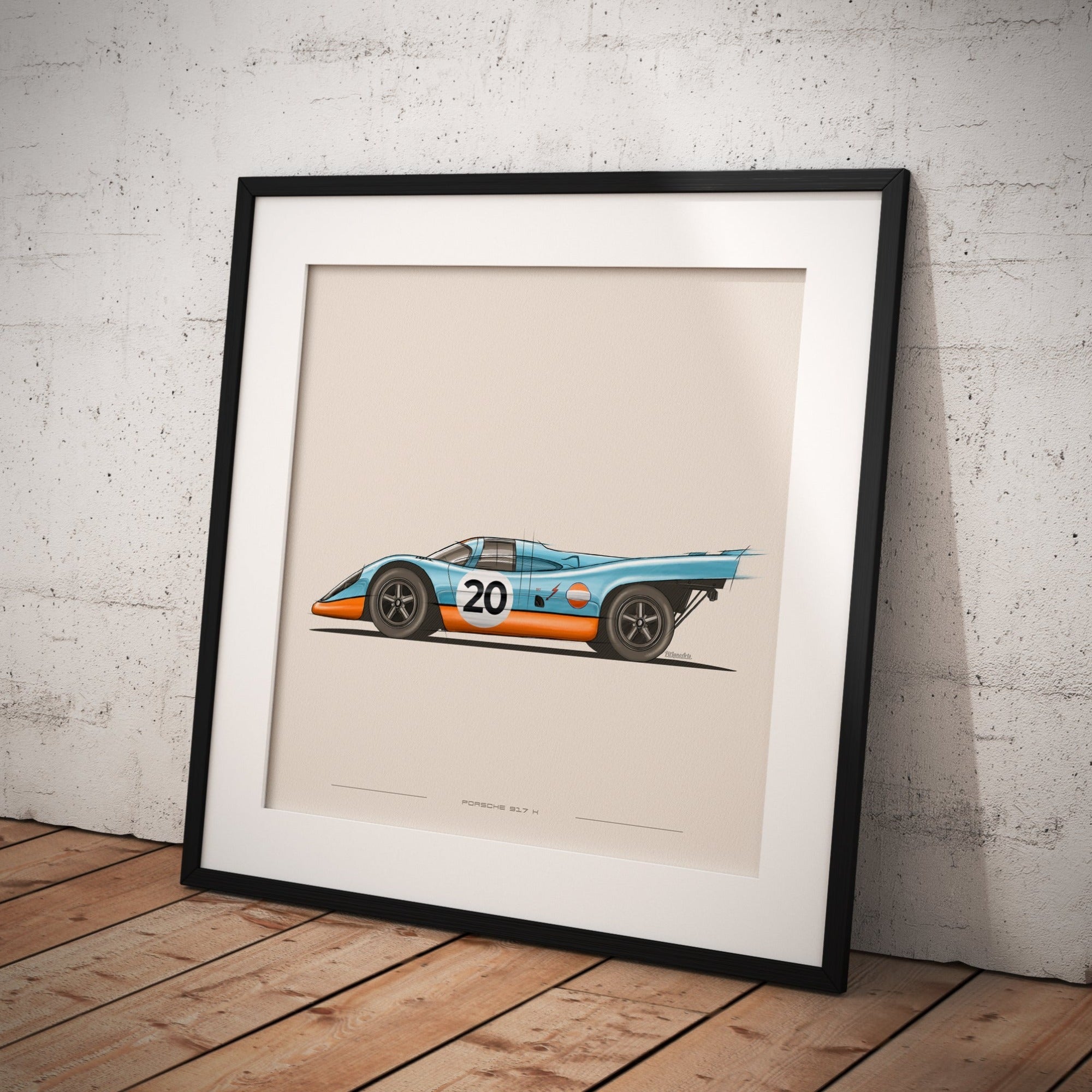 Porsche 917K Gulf art print shown on a wall at home