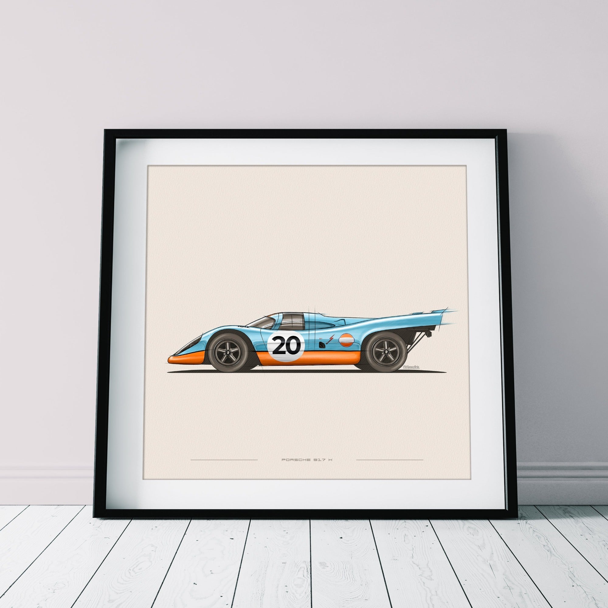 Porsche 917K Gulf art print displayed as wall decor indoors