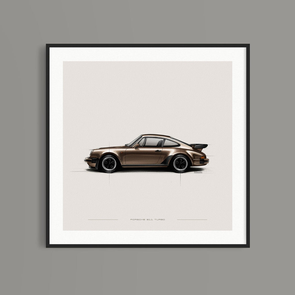Porsche 911 Turbo 930 art print styled in a living room setting