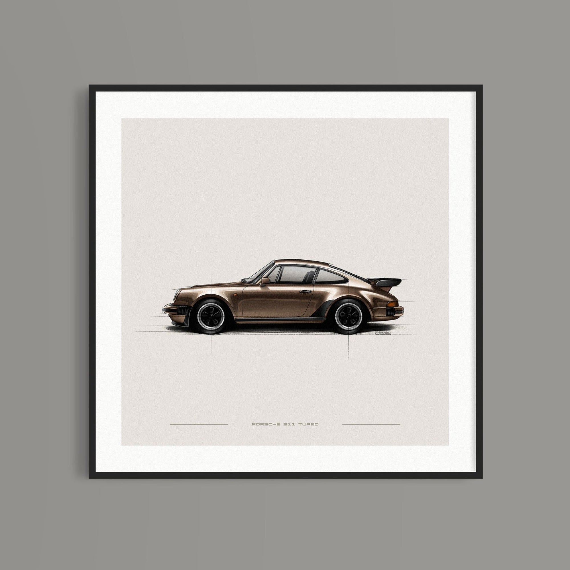 Porsche 911 Turbo 930 art print styled in a living room setting