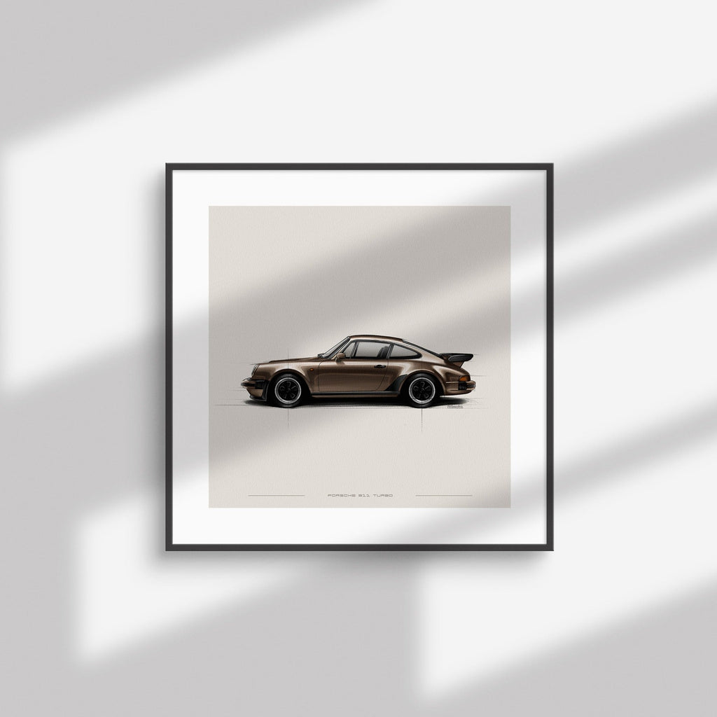 Porsche 911 Turbo 930 art print displayed in a home interior