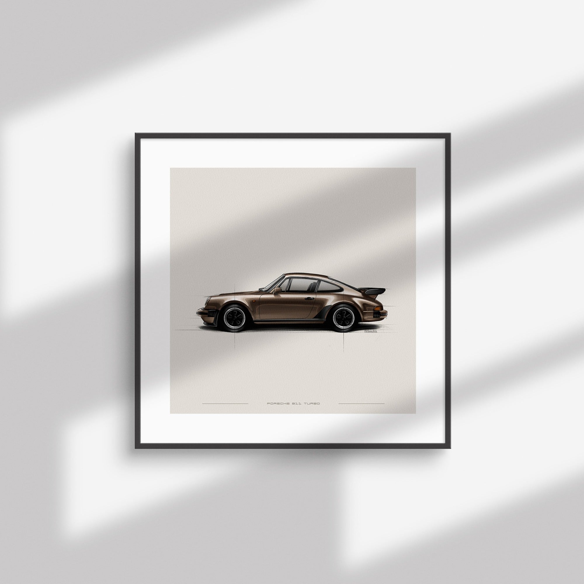 Porsche 911 Turbo 930 art print displayed in a home interior
