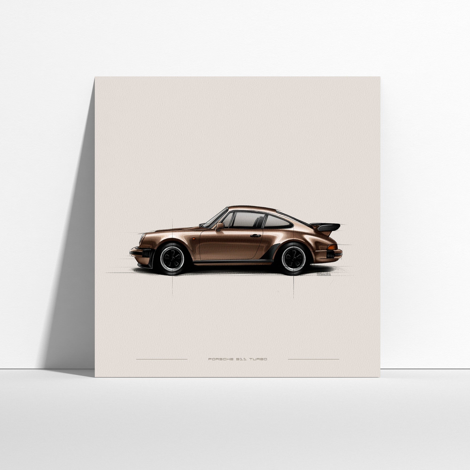 Porsche 911 Turbo 930 art print shown on a wall at home