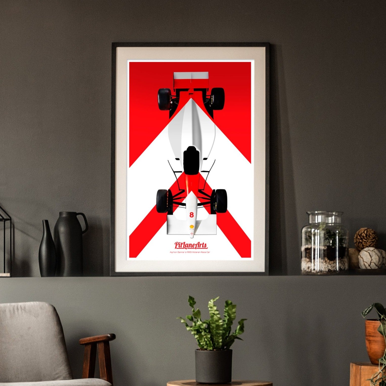 Framed Ayrton Senna Race car Poster Print in a room - PitLaneArts