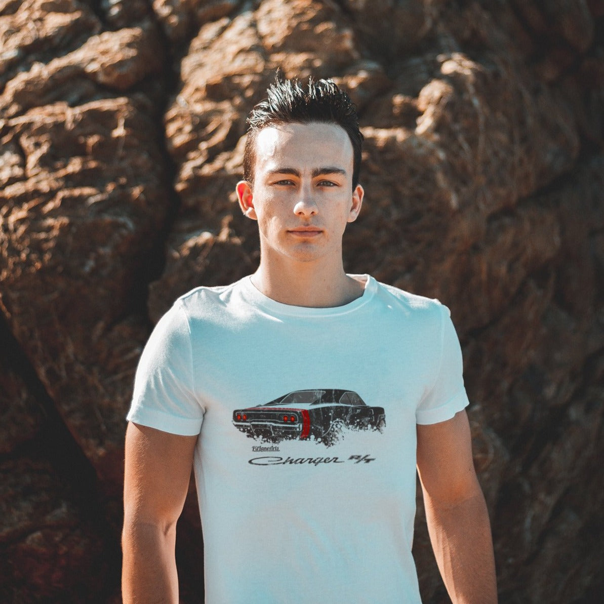 Boy wearing a white Dodge Charger T-shirt - PitLaneArts