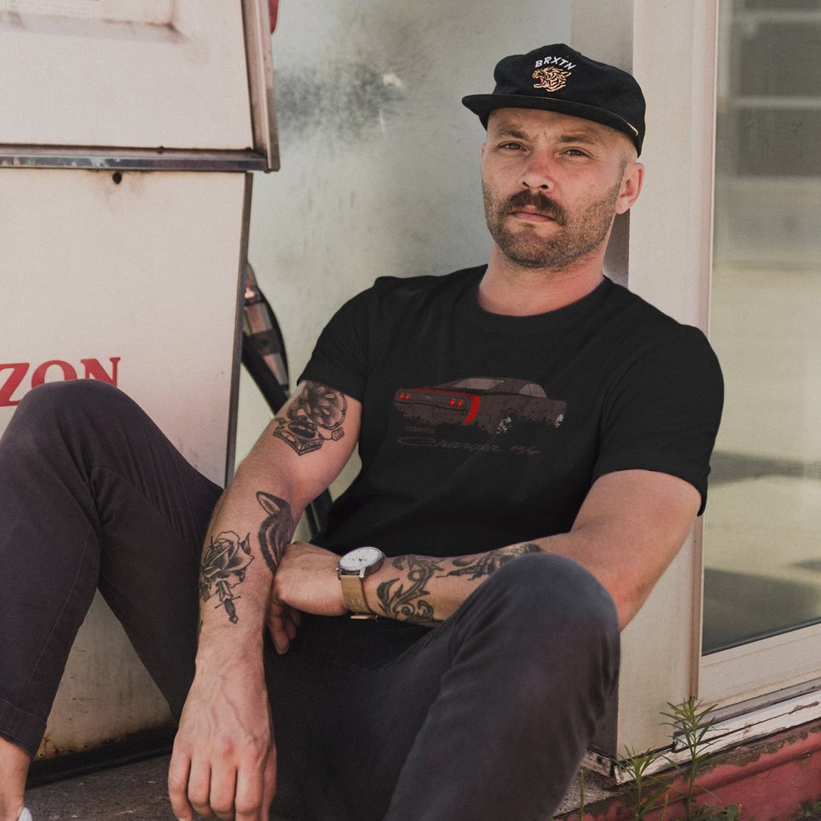 Masn wearing a black Dodge Charger T-shirt - PitLaneArts