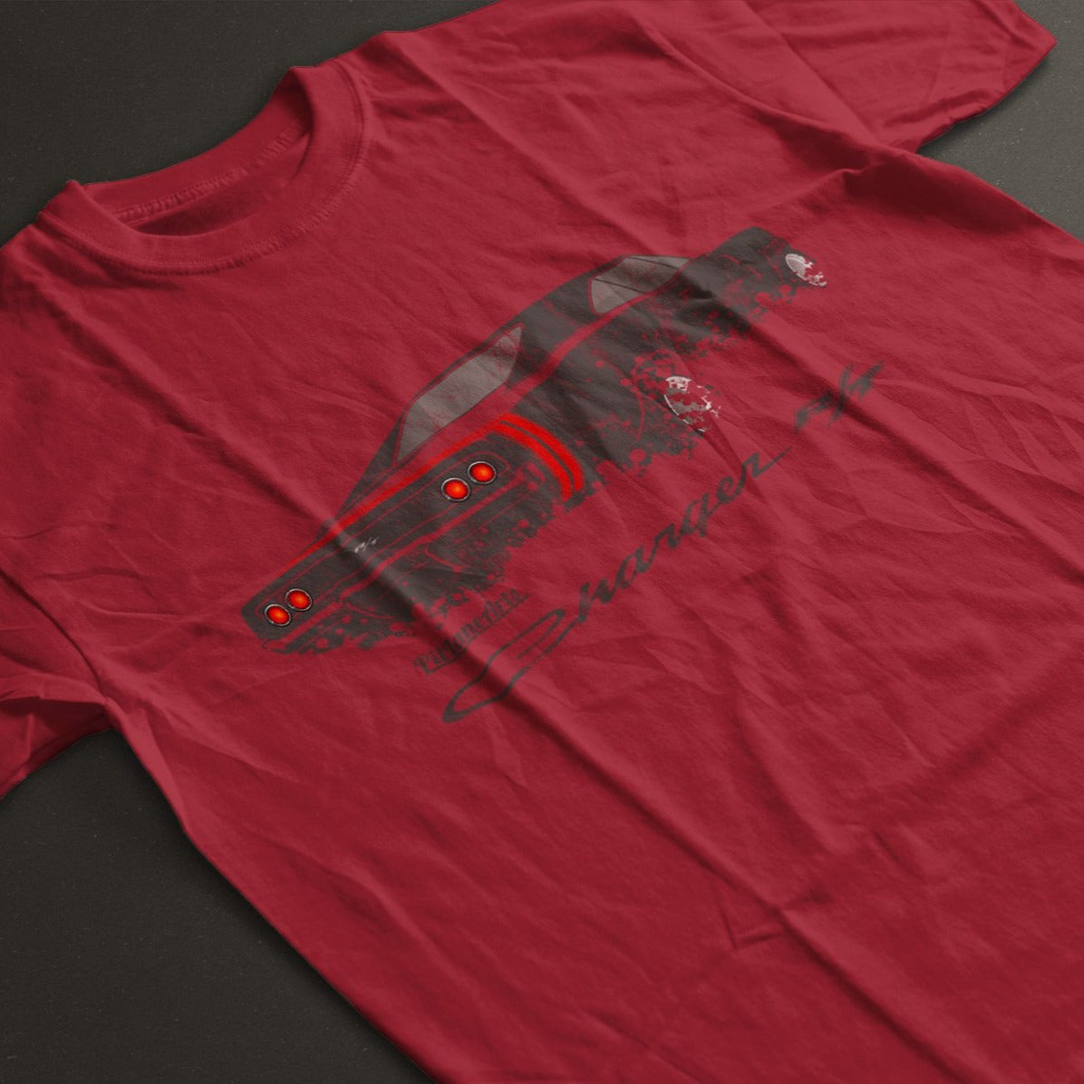 Close up of a red Dodge Charger T-shirt - PitLaneArts
