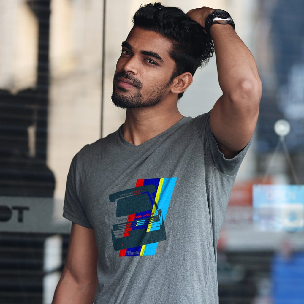 Man wearing a grey Peugeot 205 T16 T-shirt - PitLaneArts