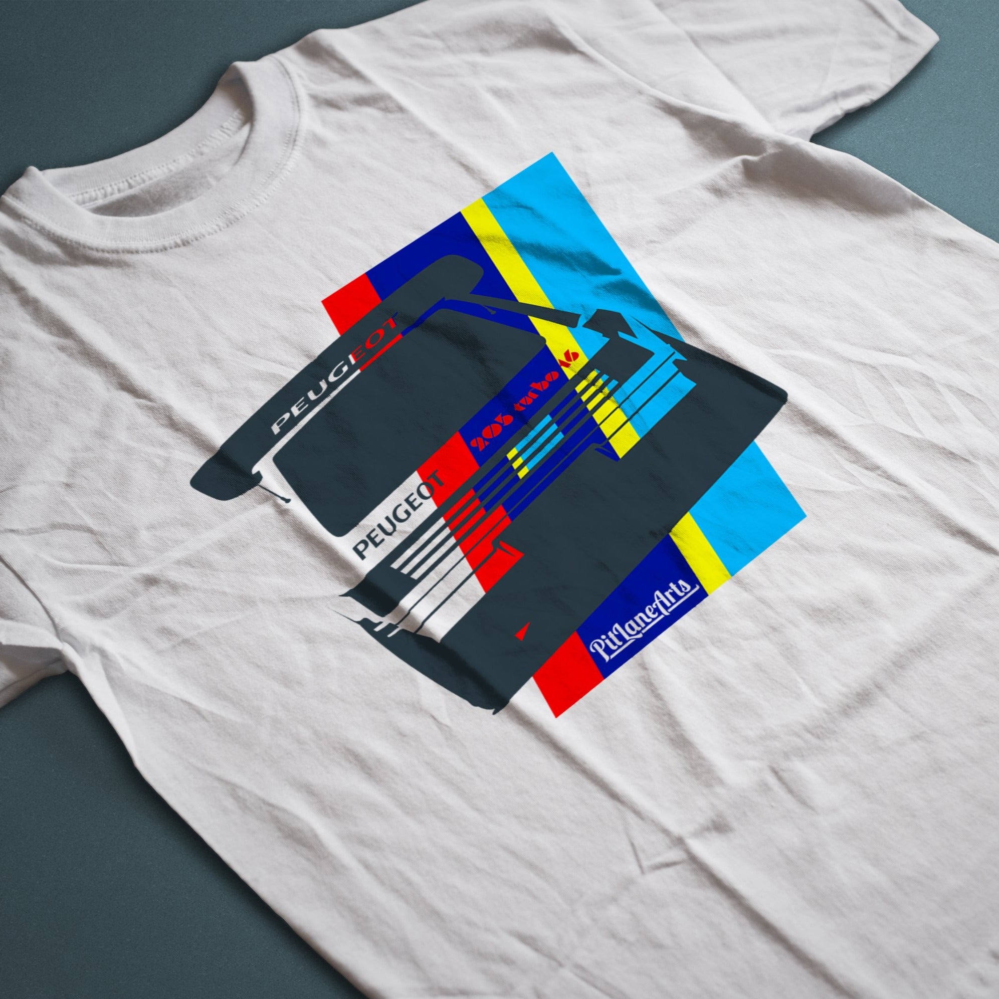 Close up of a white Peugeot 205 T16 T-shirt - PitLaneArts