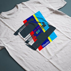 Close up of a white Peugeot 205 T16 T-shirt - PitLaneArts