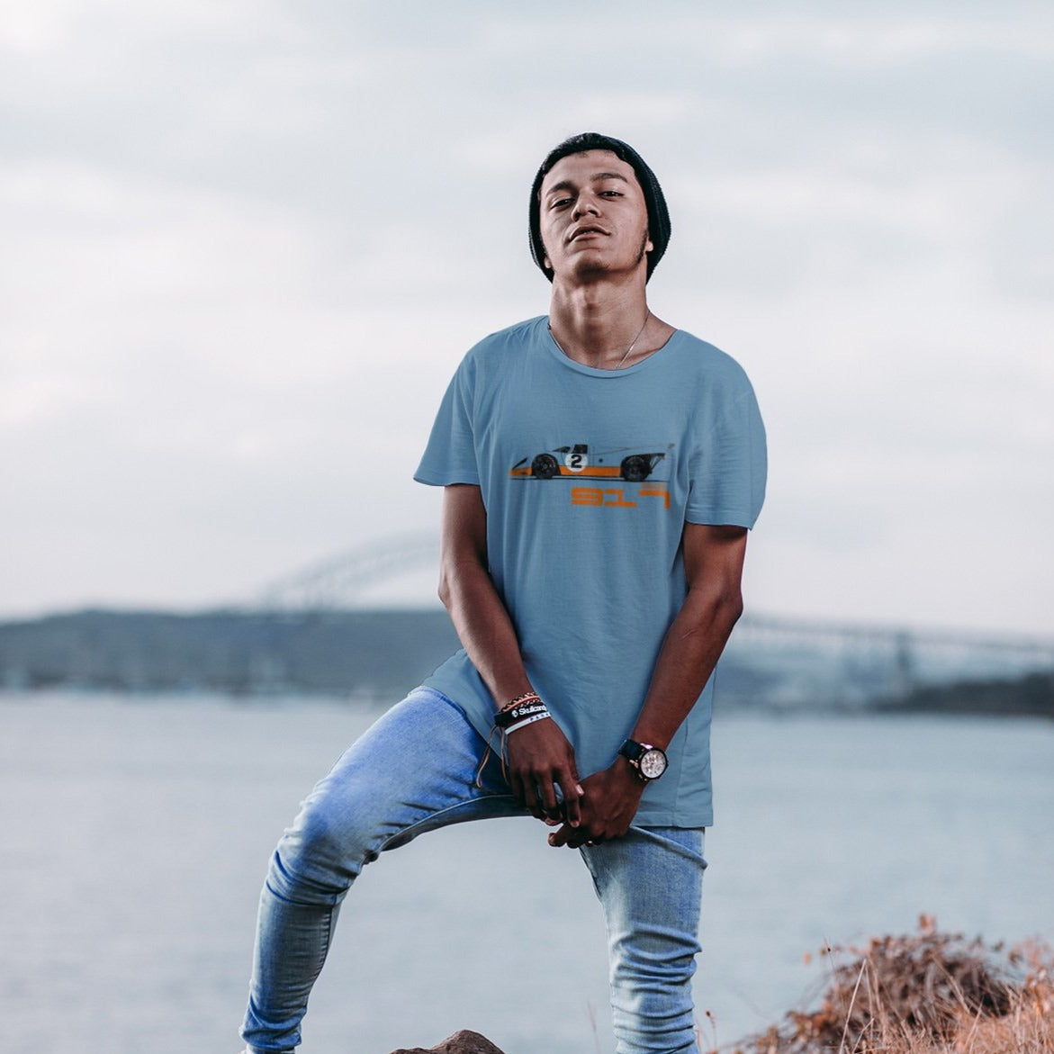 Boy wearing a blue 917 Le Mans Race Car T-shirt - PitLaneArts