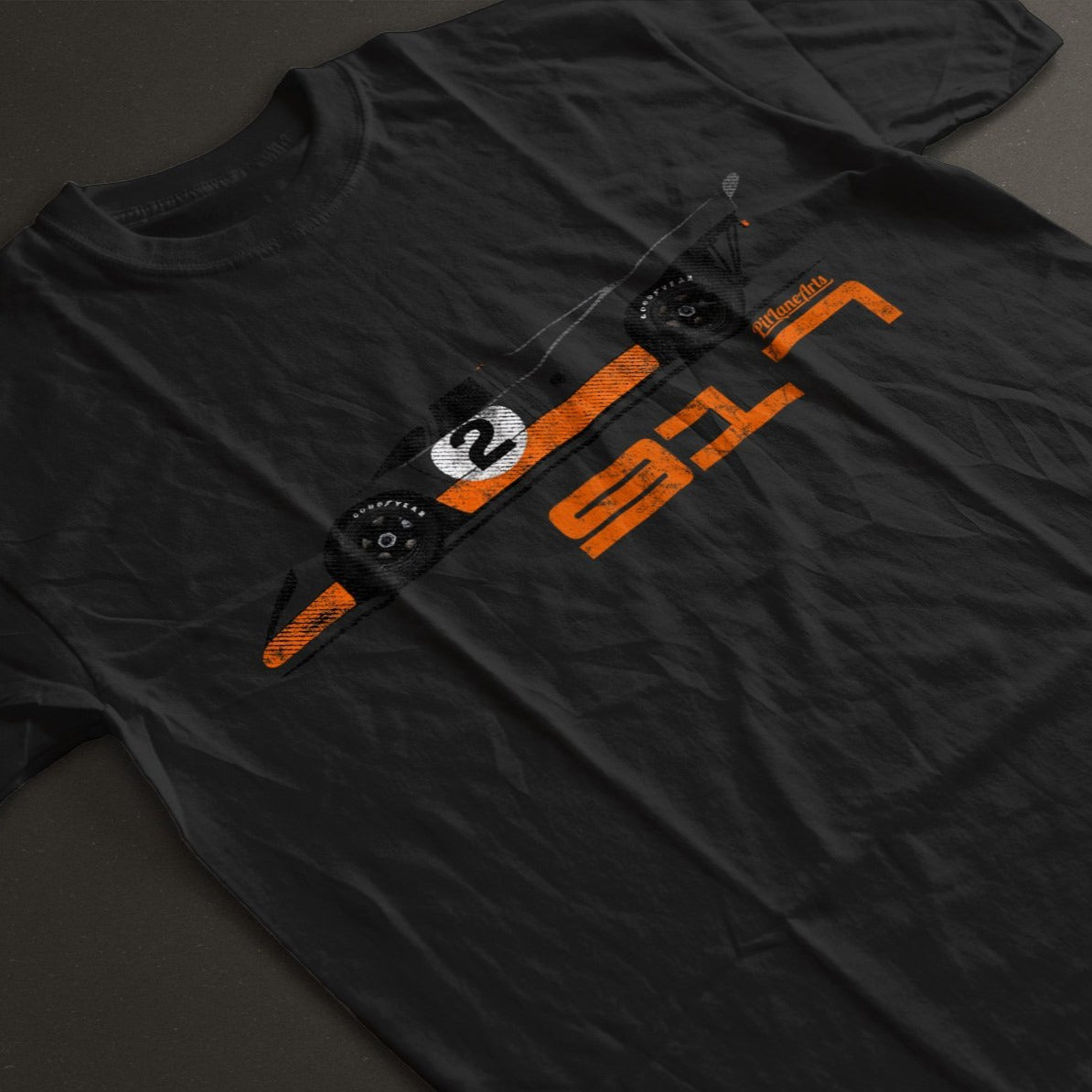 Close up of a black 917 Le Mans Race Car T-shirt design - PitLaneArts