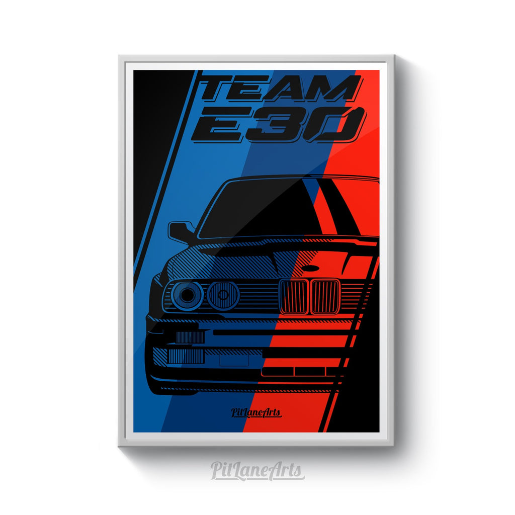 E30 poster print framed on wall