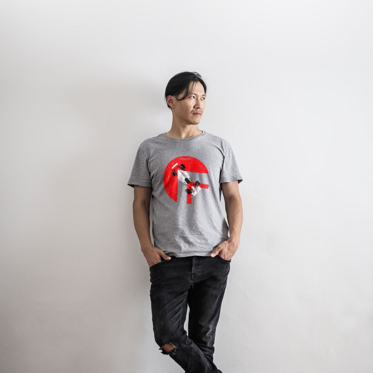 Man wearing a grey Ayrton Senna Race car T-shirt - PitLaneArts