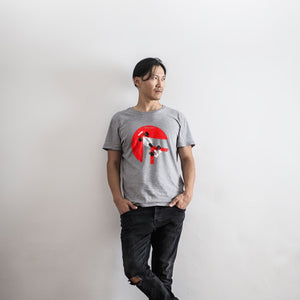 Man wearing a grey Ayrton Senna Race car T-shirt - PitLaneArts